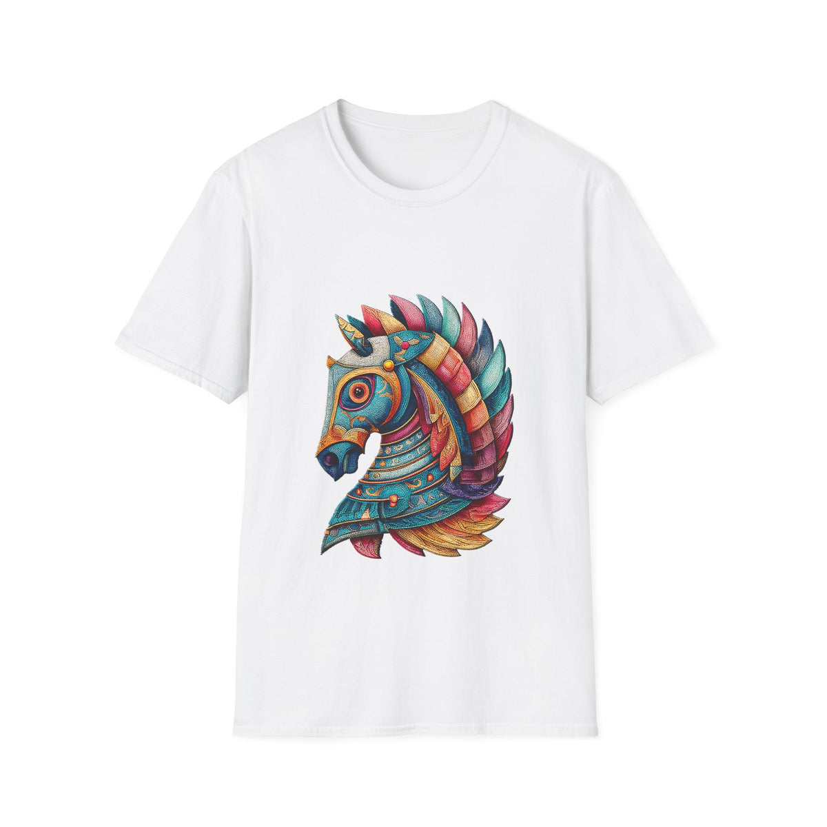 ♘ Mosaic Horse T-Shirt | Colorful Geometric Horse Art Tee, Unisex, Colors ⚫🔵🔴🟡⚪