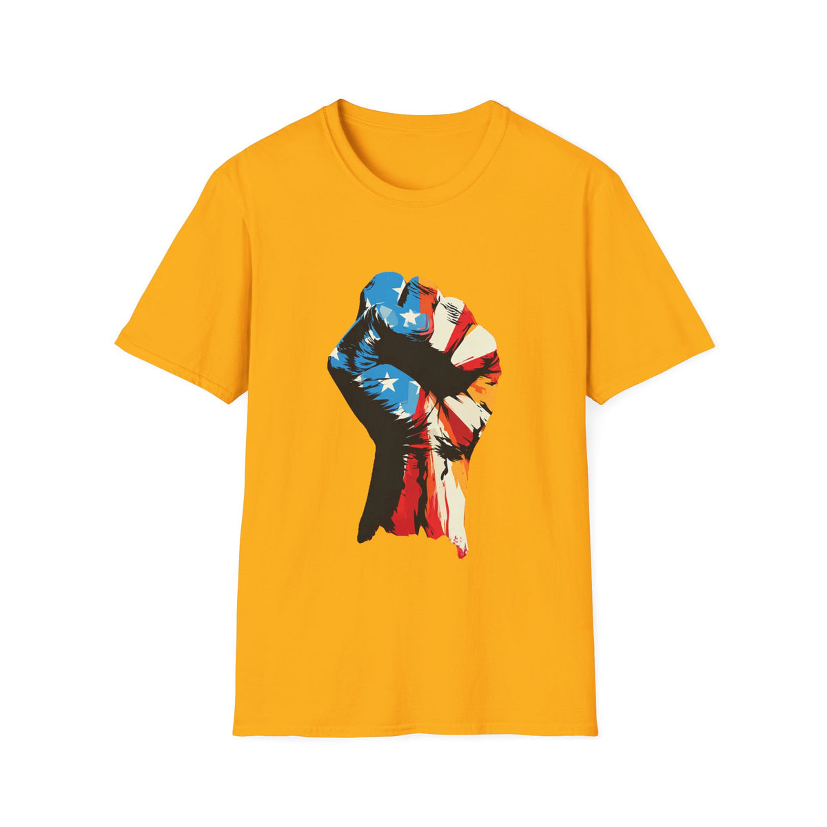 🇺🇸 Patriotic USA Flag Fist T-Shirt – American Pride, Unisex, Colors ⚫🔵🔴🟡⚪