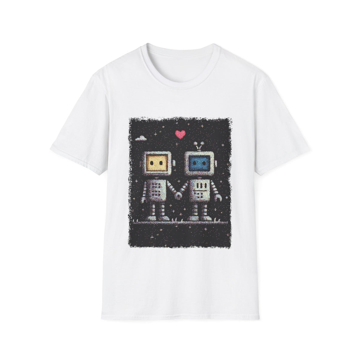 ❤️ Digital Love – Cute Robots in Love Graphic T-Shirt | Romance Tee, Unisex, Colors ⚫🔵🔴🟠🟡⚪