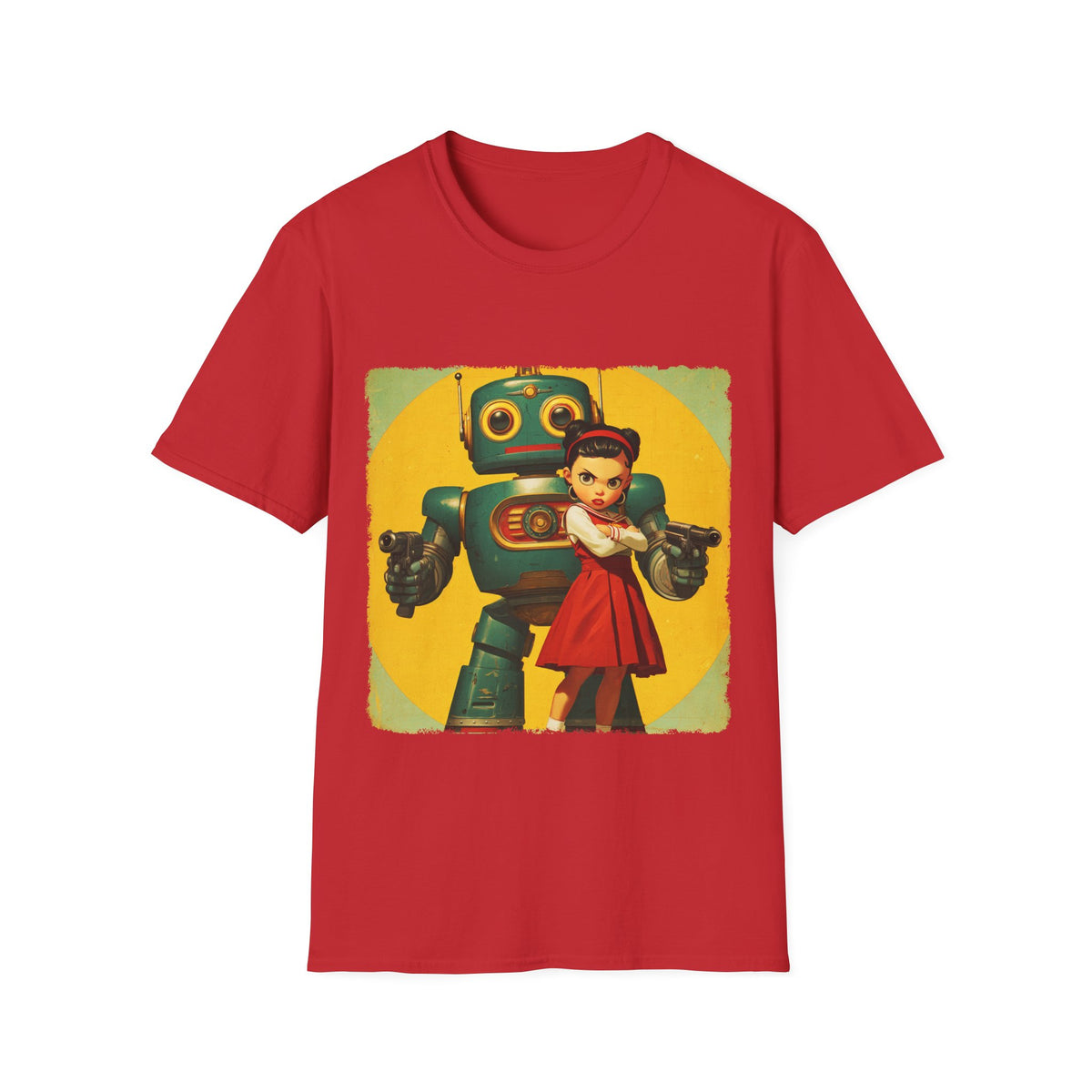 🤖 Retro Guardian Robot & Girl Vintage Sci-Fi T-Shirt, Unisex, Colors ⚫🔵🔴🟠🟡⚪