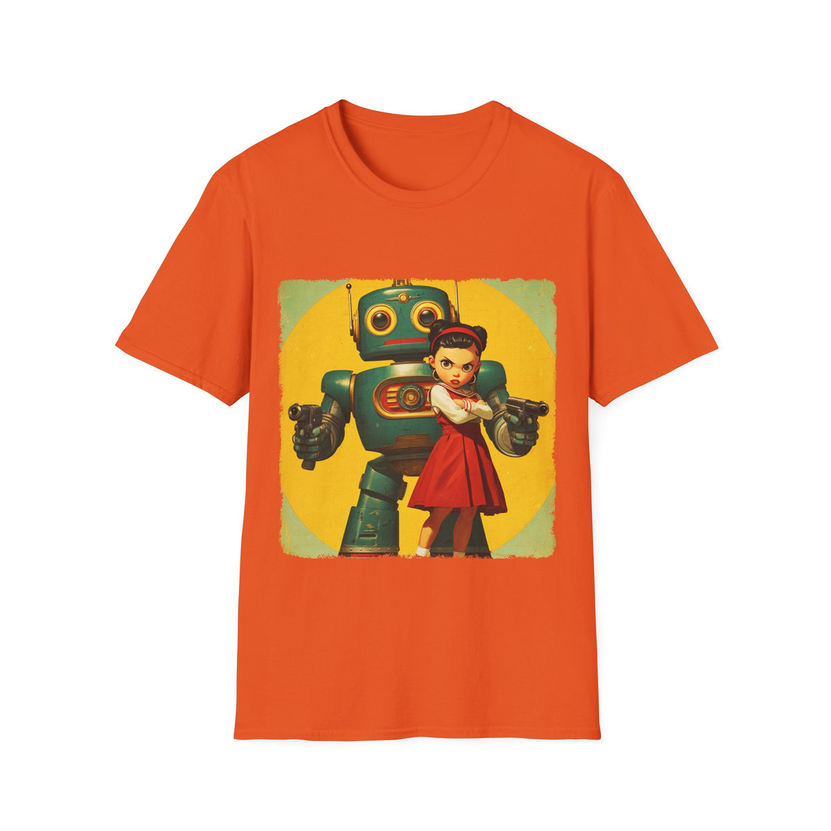 🤖 Retro Guardian Robot & Girl Vintage Sci-Fi T-Shirt, Unisex, Colors ⚫🔵🔴🟠🟡⚪