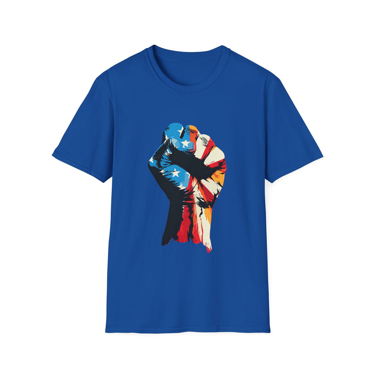 🇺🇸 Patriotic USA Flag Fist T-Shirt – American Pride, Unisex, Colors ⚫🔵🔴🟡⚪