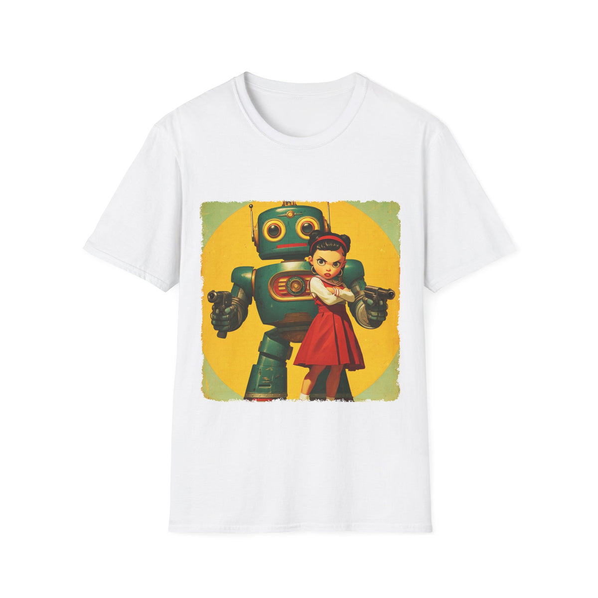 🤖 Retro Guardian Robot & Girl Vintage Sci-Fi T-Shirt, Unisex, Colors ⚫🔵🔴🟠🟡⚪