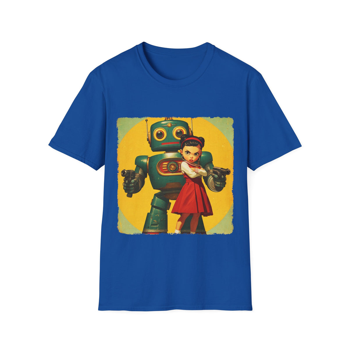 🤖 Retro Guardian Robot & Girl Vintage Sci-Fi T-Shirt, Unisex, Colors ⚫🔵🔴🟠🟡⚪