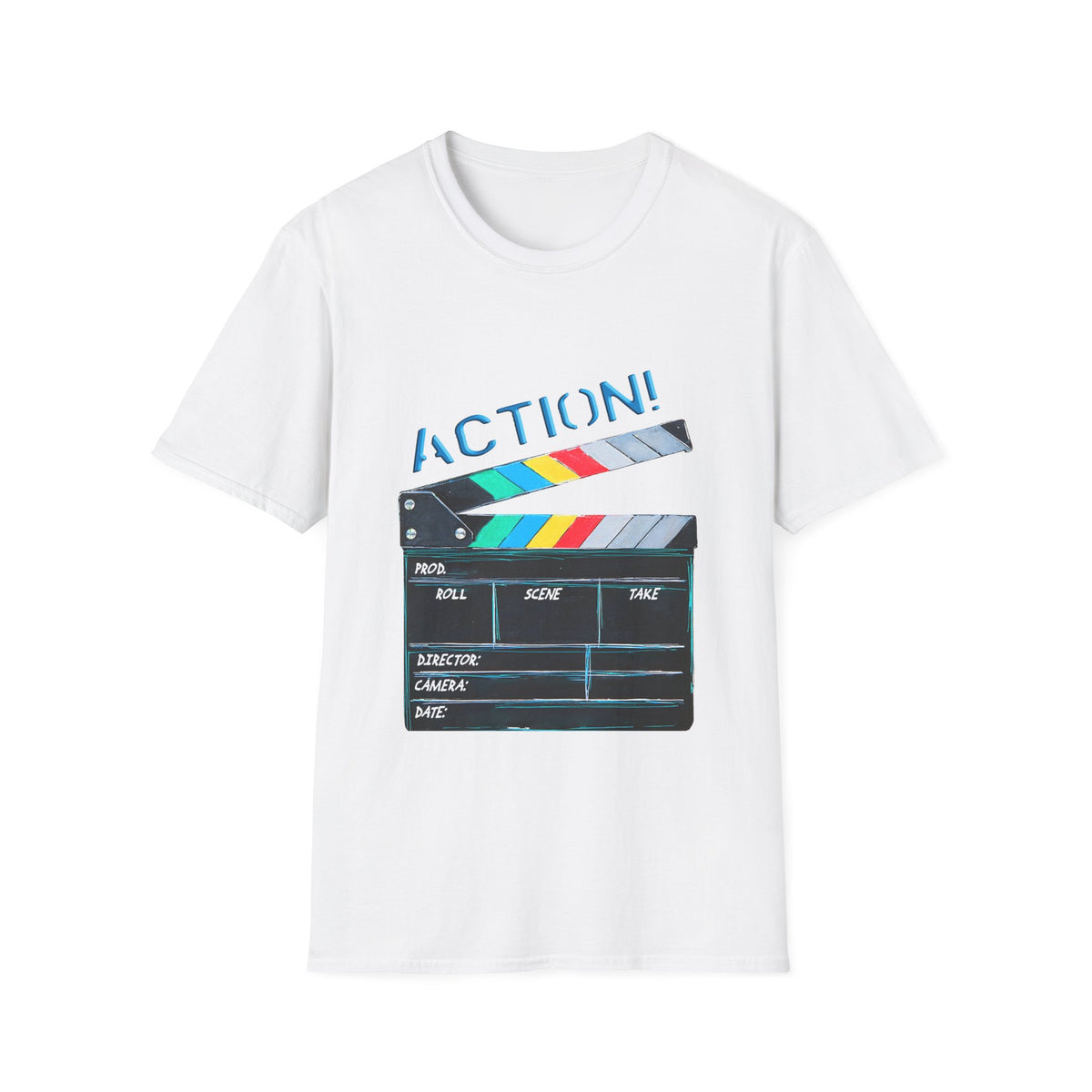 🎬 Movie Clapperboard Graphic Tee – Cinema Lover Shirt, Unisex, Colors ⚫🔵🔴🟡⚪