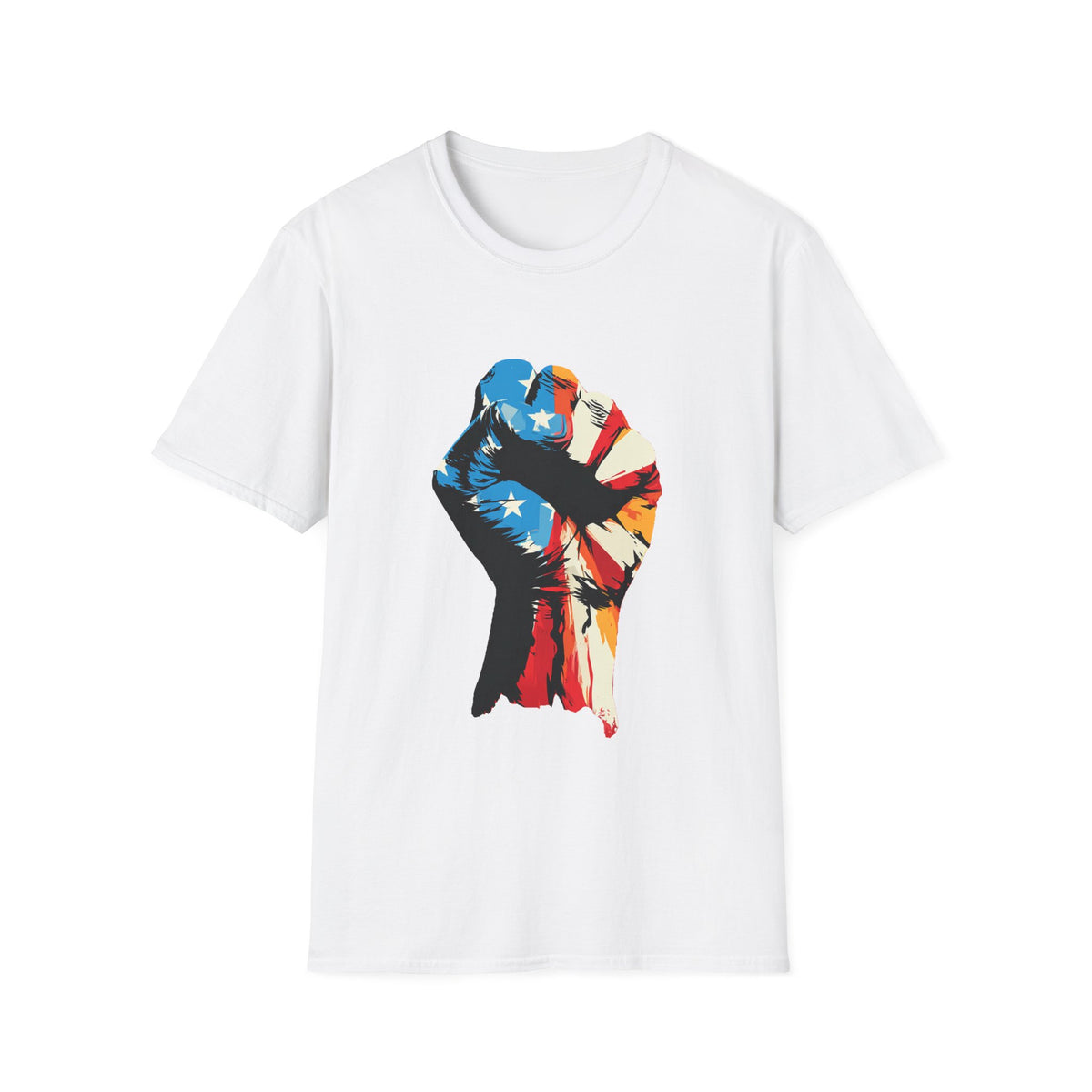 🇺🇸 Patriotic USA Flag Fist T-Shirt – American Pride, Unisex, Colors ⚫🔵🔴🟡⚪