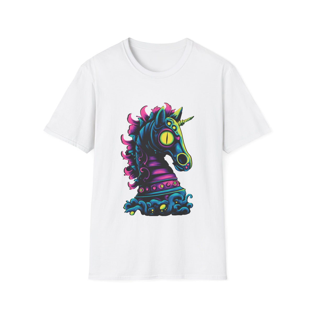 ♞ Psychedelic Horse Head T-Shirt – Trippy Colorful Stallion Graphic Tee, Unisex, Colors ⚫🔵🔴🟡⚪