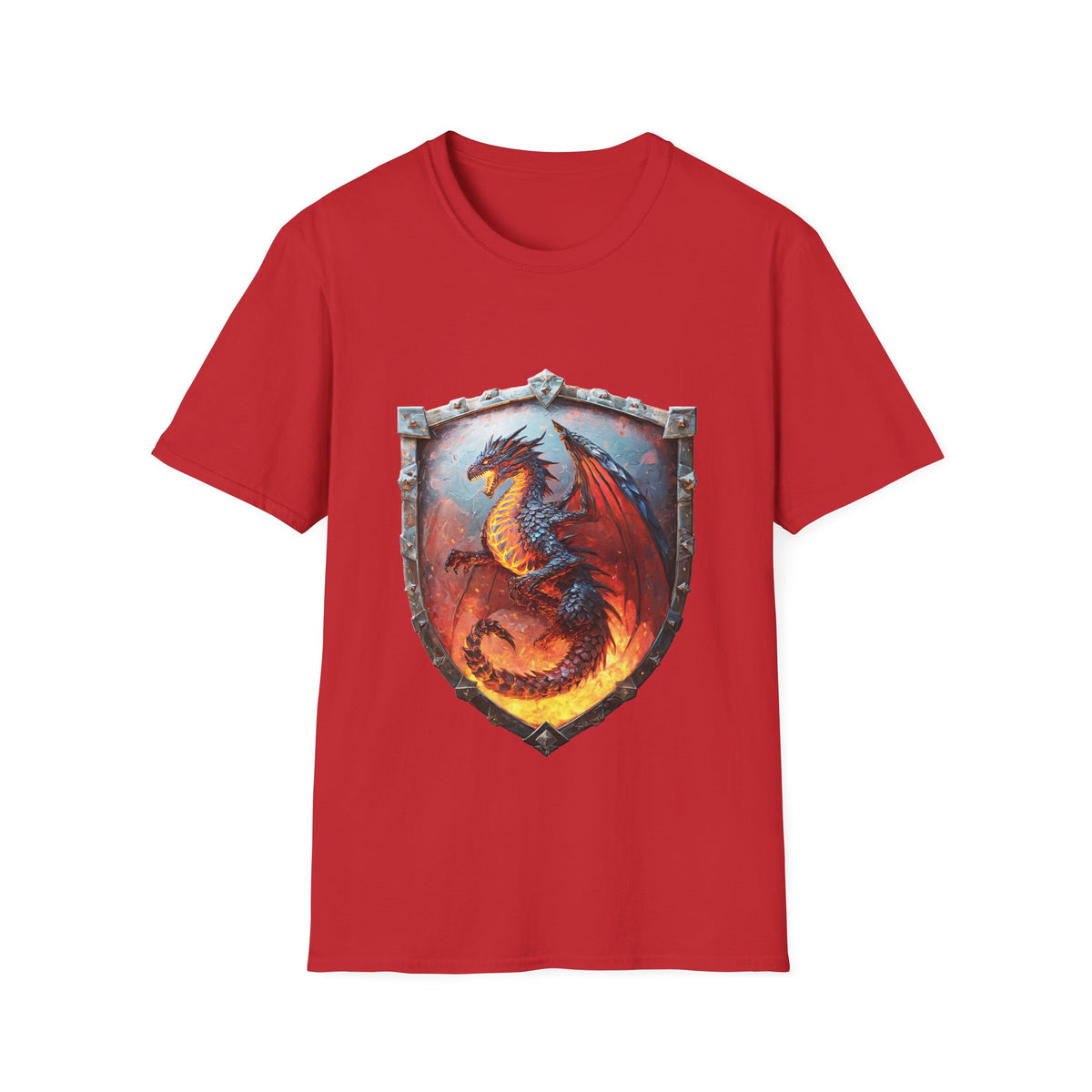 🛡️ Fire Dragon Shield Warrior T-Shirt – Mythical Fantasy Dragon Graphic Tee, Unisex, Colors ⚫🔵🔴🟡⚪