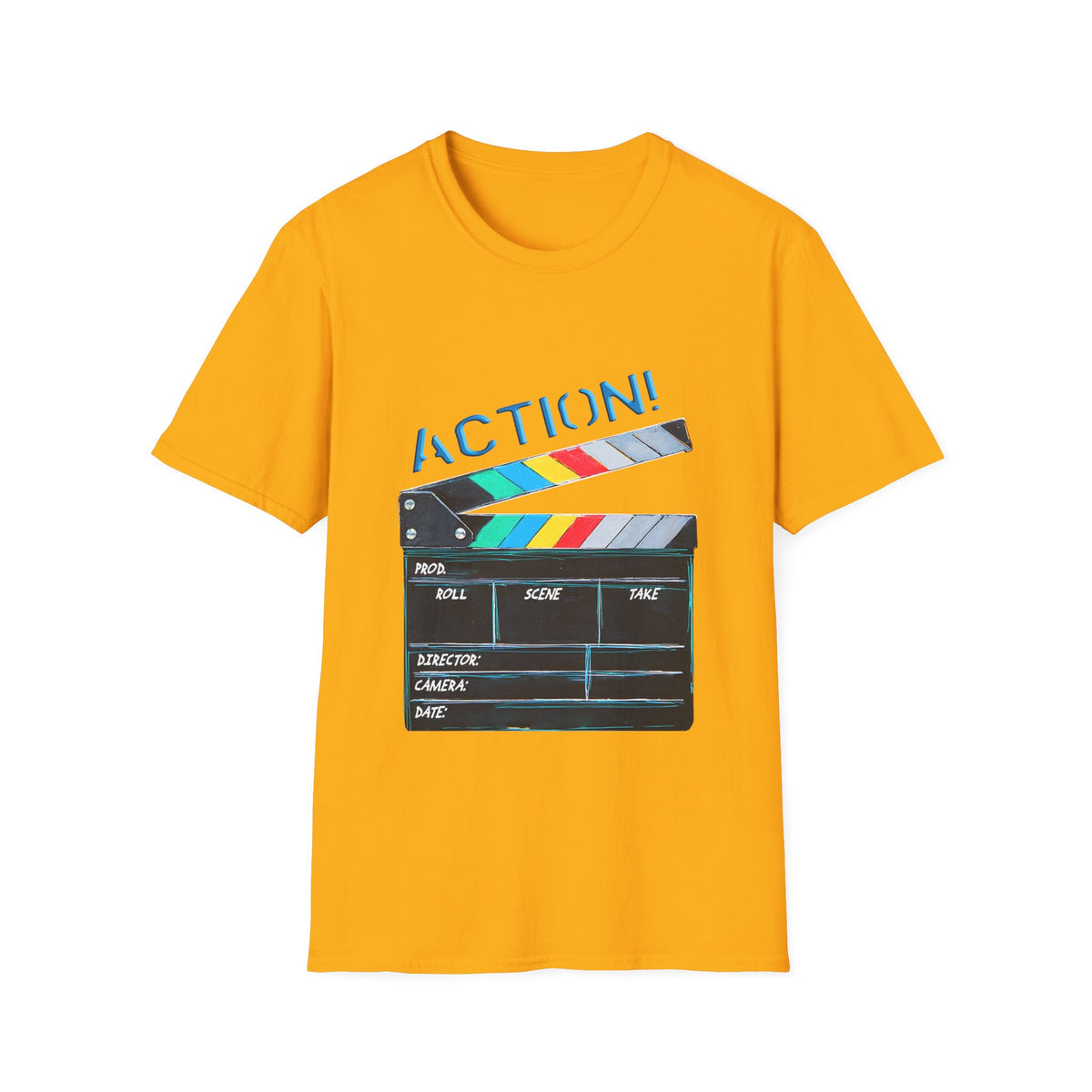 🎬 Movie Clapperboard Graphic Tee – Cinema Lover Shirt, Unisex, Colors ⚫🔵🔴🟡⚪