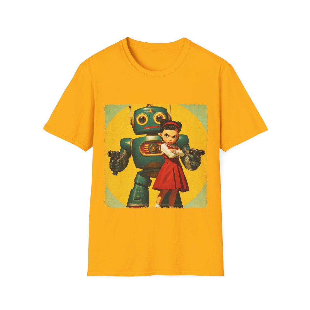 🤖 Retro Guardian Robot & Girl Vintage Sci-Fi T-Shirt, Unisex, Colors ⚫🔵🔴🟠🟡⚪