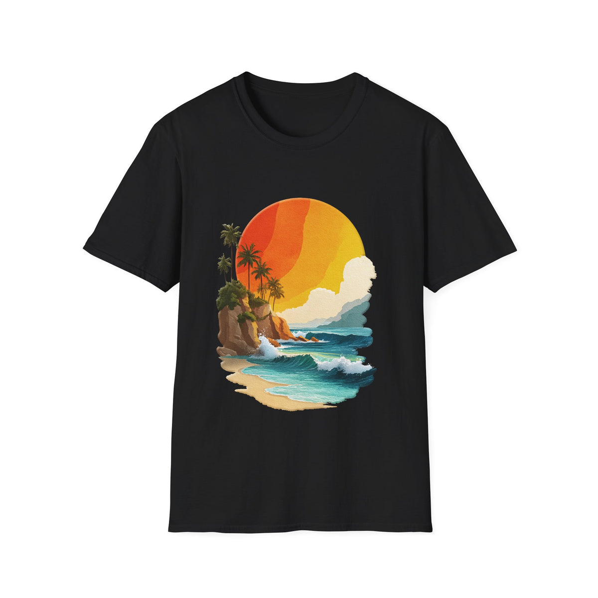 🌊 Ocean Sunset T-Shirt – Coastal Waves & Golden Horizon Graphic Tee, Unisex, Colors ⚫🔵🔴🟡⚪