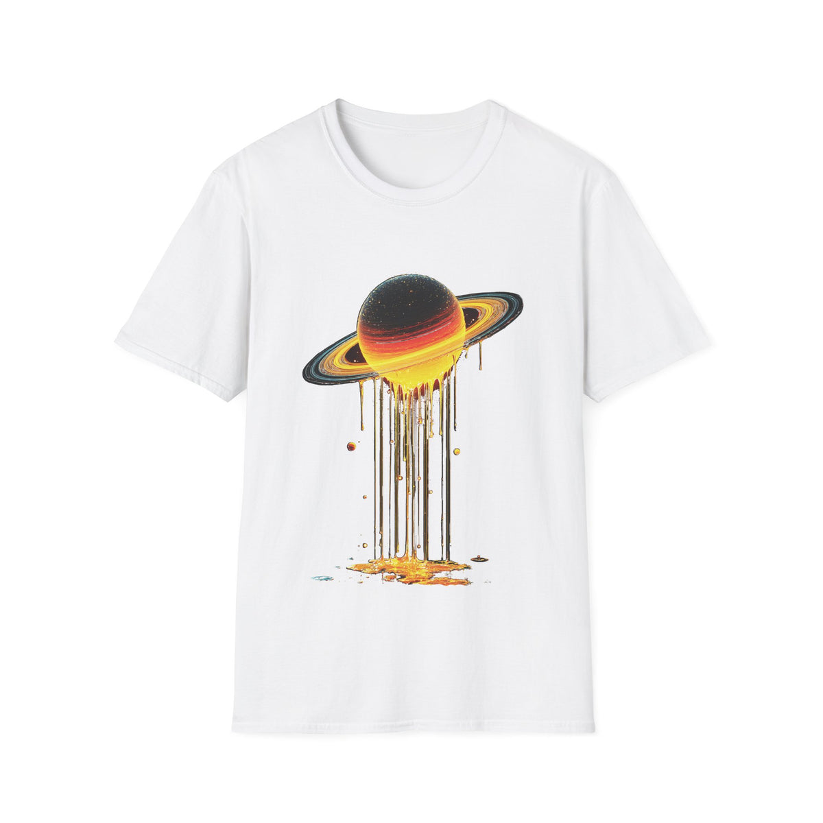 🪐Saturn Meltdown – Dripping Planet T-Shirt, Unisex, Colors ⚫🔵🔴🟡⚪