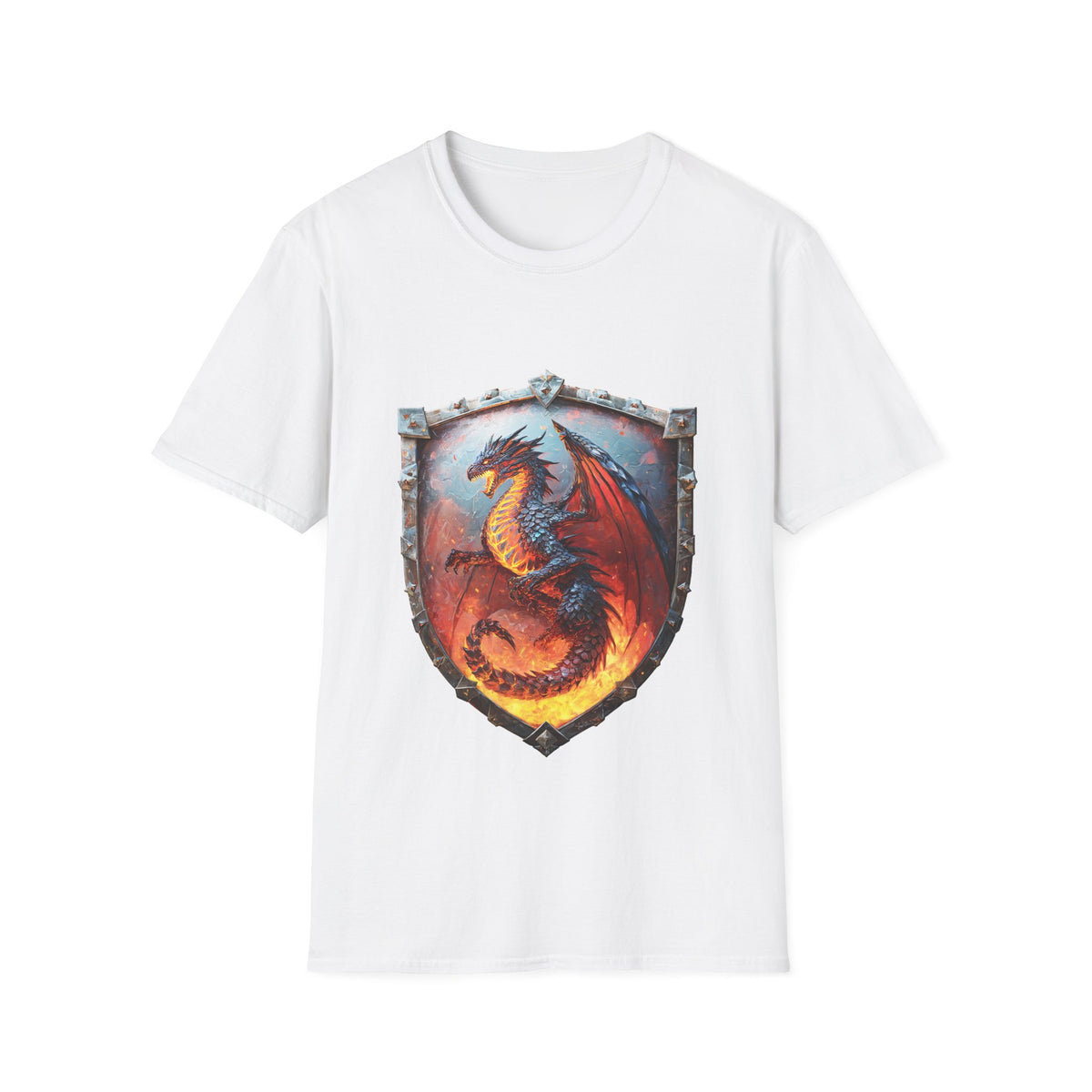 🛡️ Fire Dragon Shield Warrior T-Shirt – Mythical Fantasy Dragon Graphic Tee, Unisex, Colors ⚫🔵🔴🟡⚪