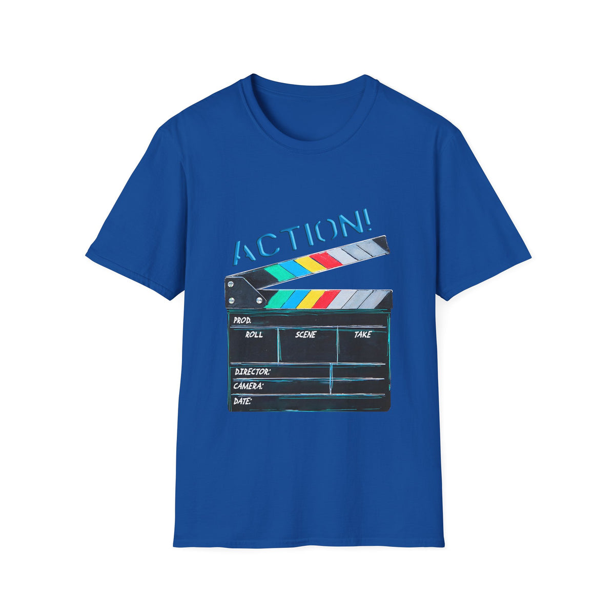 🎬 Movie Clapperboard Graphic Tee – Cinema Lover Shirt, Unisex, Colors ⚫🔵🔴🟡⚪