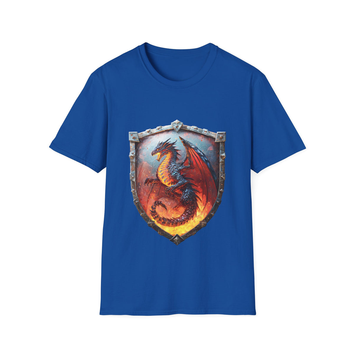 🛡️ Fire Dragon Shield Warrior T-Shirt – Mythical Fantasy Dragon Graphic Tee, Unisex, Colors ⚫🔵🔴🟡⚪