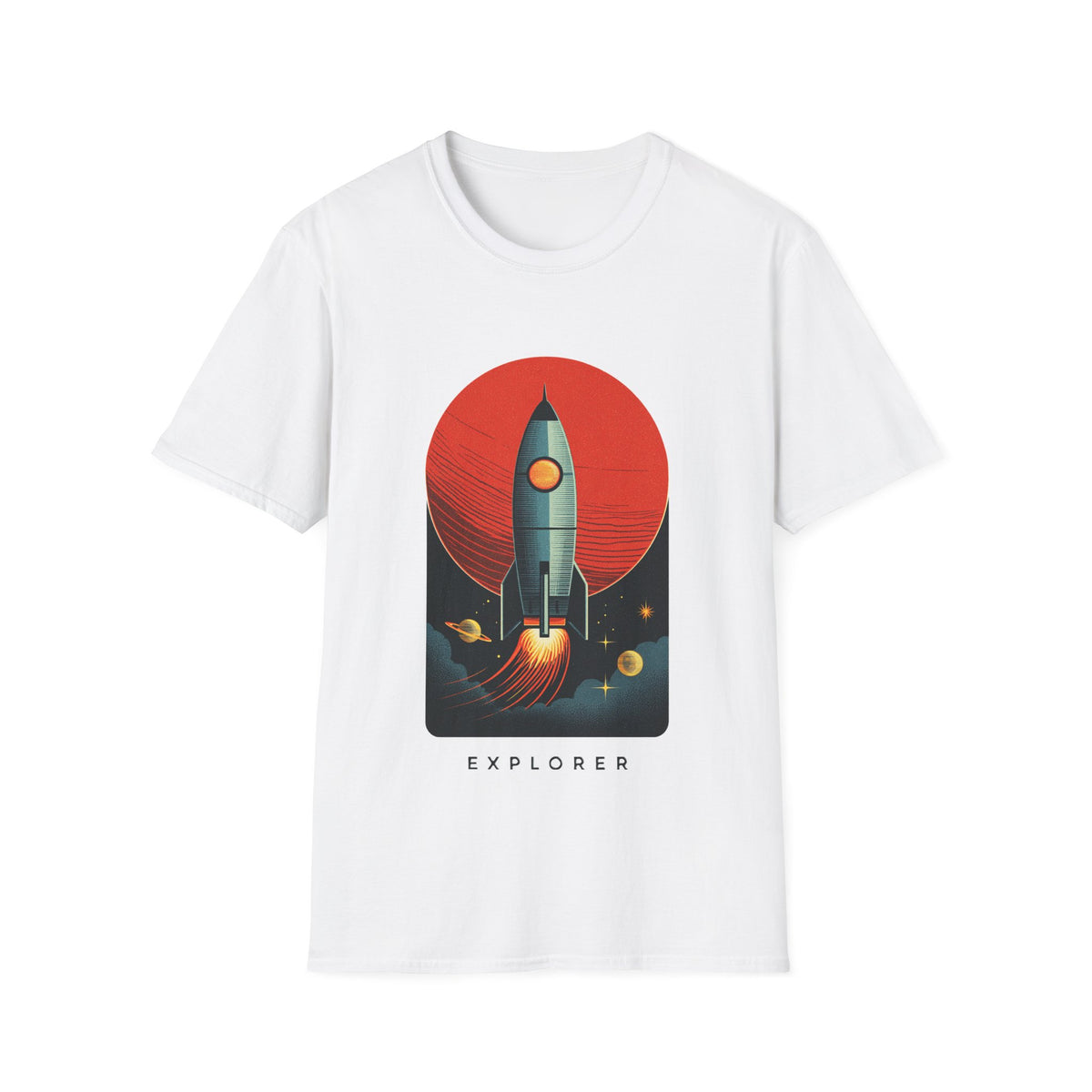 🚀 Retro Rocket Explorer T-Shirt | Space Adventure, Unisex, Colors ⚫🔵🔴🟠🟡⚪