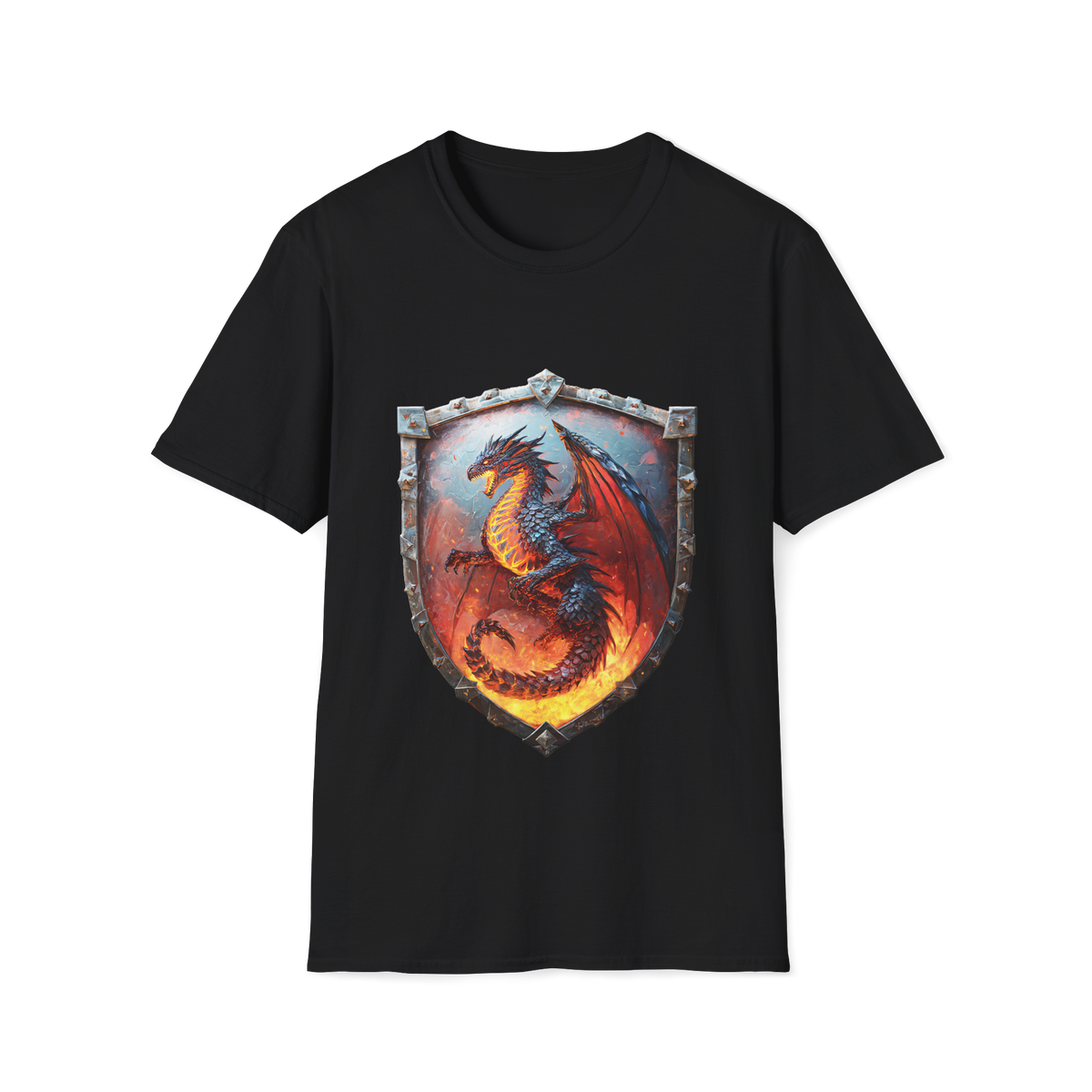 🛡️ Fire Dragon Shield Warrior T-Shirt – Mythical Fantasy Dragon Graphic Tee, Unisex, Colors ⚫🔵🔴🟡⚪