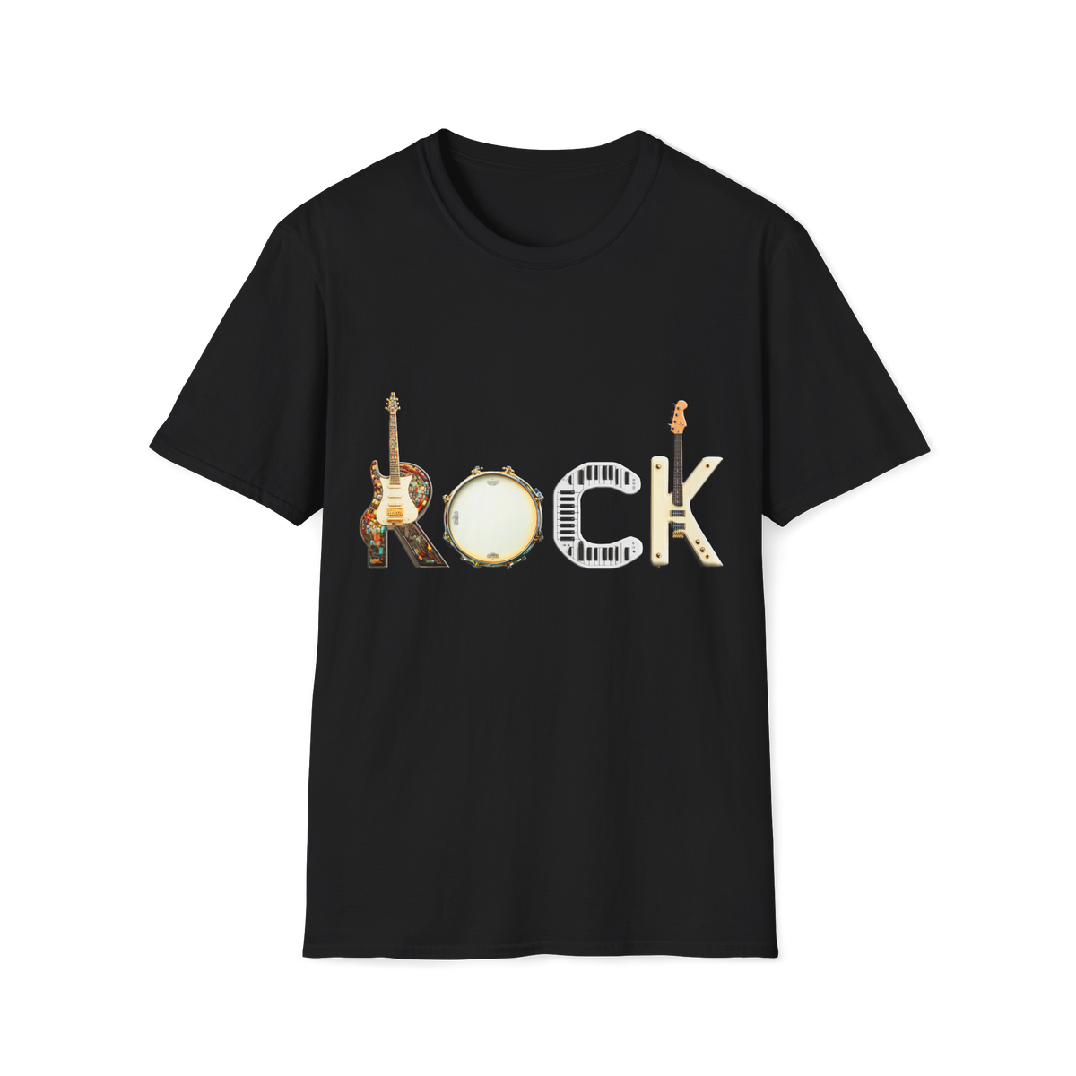 🎵 Rock Instrument Typography T-Shirt, Unisex, Colors ⚫🔵🔴🟡⚪
