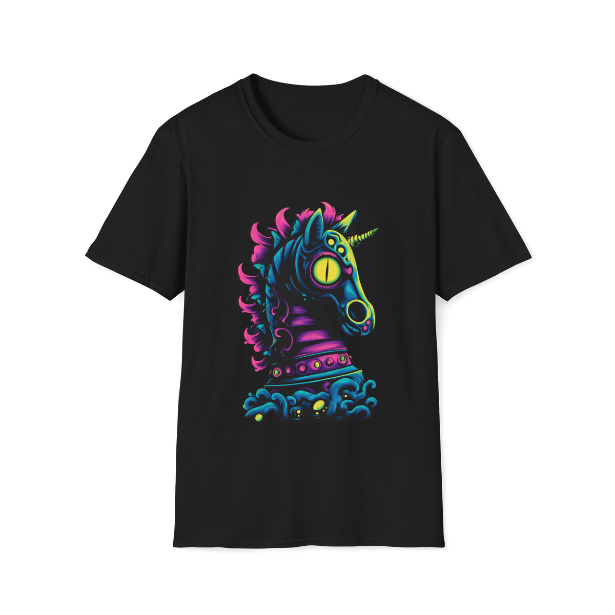 ♞ Psychedelic Horse Head T-Shirt – Trippy Colorful Stallion Graphic Tee, Unisex, Colors ⚫🔵🔴🟡⚪