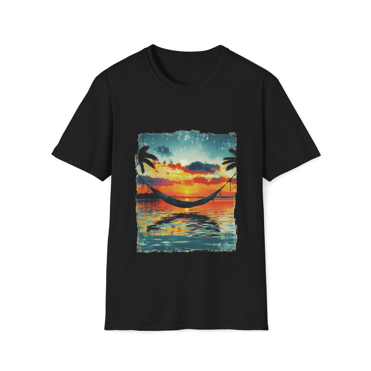 🏝️ Hammock Over the Ocean – Relax Vibes Graphic T-Shirt, Unisex, Colors ⚫🔵🔴🟡⚪