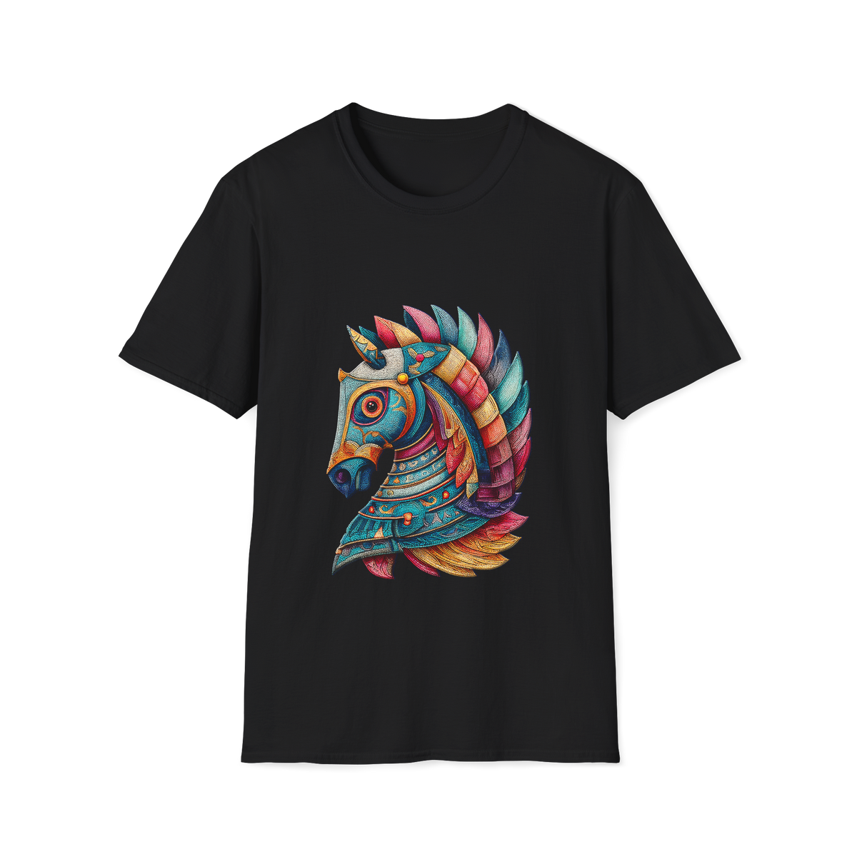 ♘ Mosaic Horse T-Shirt | Colorful Geometric Horse Art Tee, Unisex, Colors ⚫🔵🔴🟡⚪