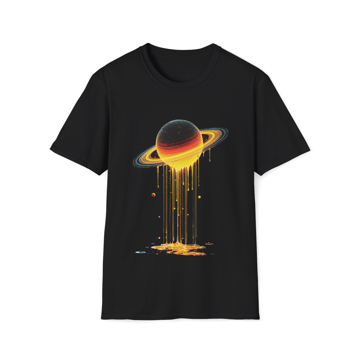 🪐Saturn Meltdown – Dripping Planet T-Shirt, Unisex, Colors ⚫🔵🔴🟡⚪