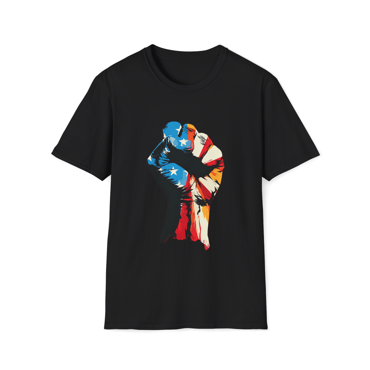🇺🇸 Patriotic USA Flag Fist T-Shirt – American Pride, Unisex, Colors ⚫🔵🔴🟡⚪