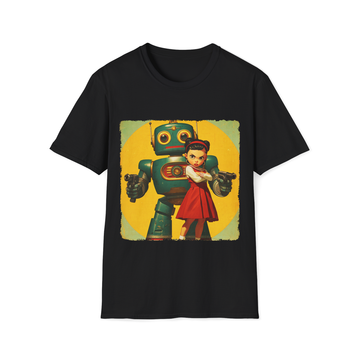 🤖 Retro Guardian Robot & Girl Vintage Sci-Fi T-Shirt, Unisex, Colors ⚫🔵🔴🟠🟡⚪