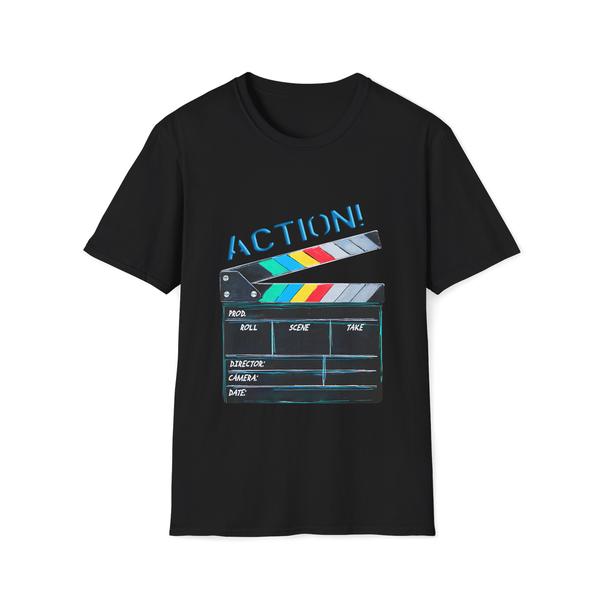 🎬 Movie Clapperboard Graphic Tee – Cinema Lover Shirt, Unisex, Colors ⚫🔵🔴🟡⚪