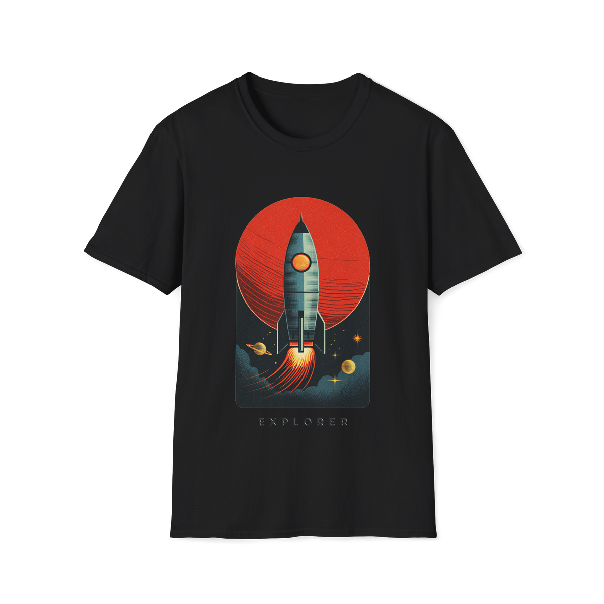 🚀 Retro Rocket Explorer T-Shirt | Space Adventure, Unisex, Colors ⚫🔵🔴🟠🟡⚪