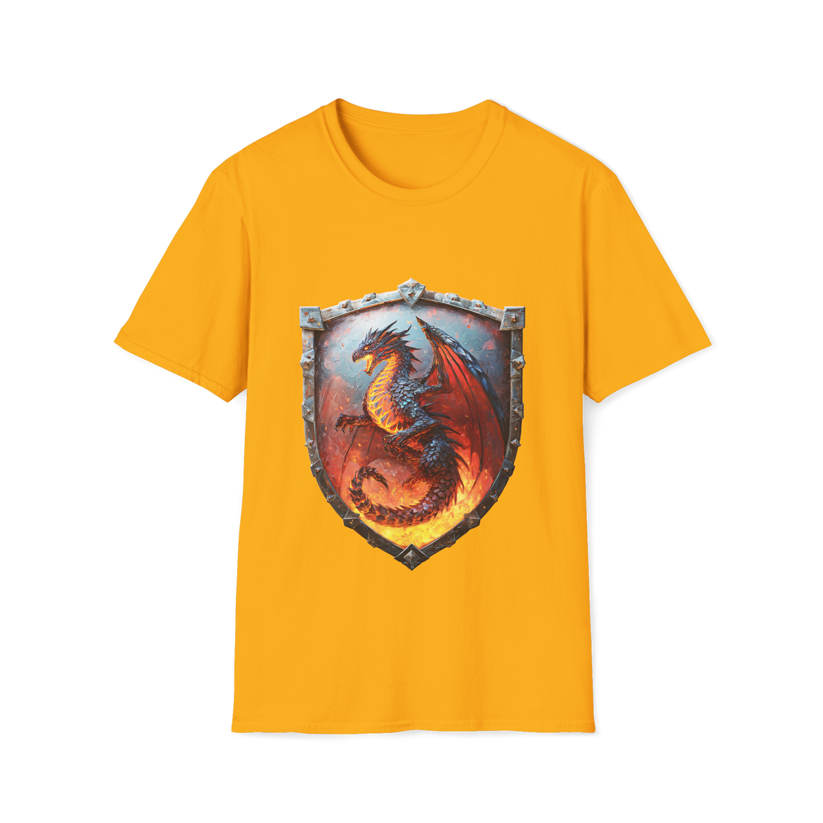 🛡️ Fire Dragon Shield Warrior T-Shirt – Mythical Fantasy Dragon Graphic Tee, Unisex, Colors ⚫🔵🔴🟡⚪