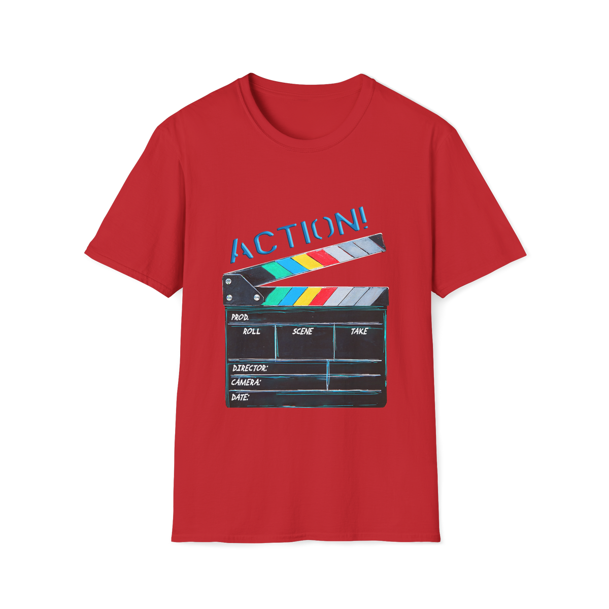 🎬 Movie Clapperboard Graphic Tee – Cinema Lover Shirt, Unisex, Colors ⚫🔵🔴🟡⚪